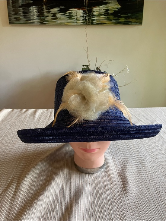 Accessories - Navy Wide-Brim Hat with Cream Golden Floral Feathered Accent